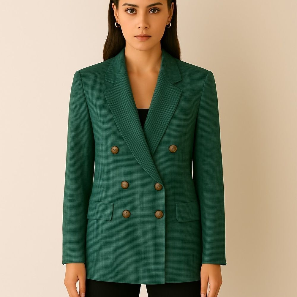 Le Suit Green Vintage Black Plaid Checkered Double Breasted Blazer